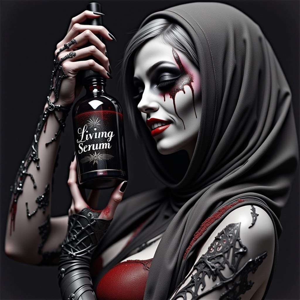 Gothic Female Zombie Holding Serum Bottle in Ultra-Realistic...