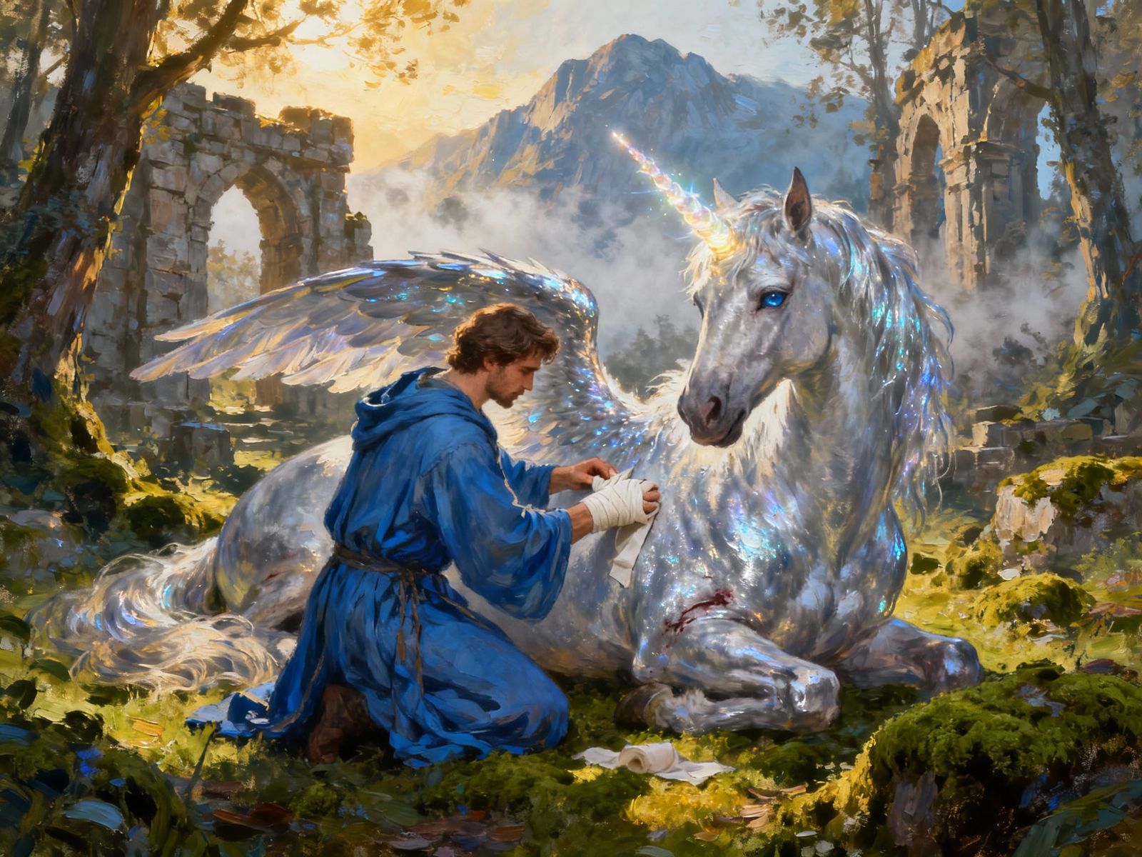Man Tends Injured Unicorn in Beautiful Impasto Painting