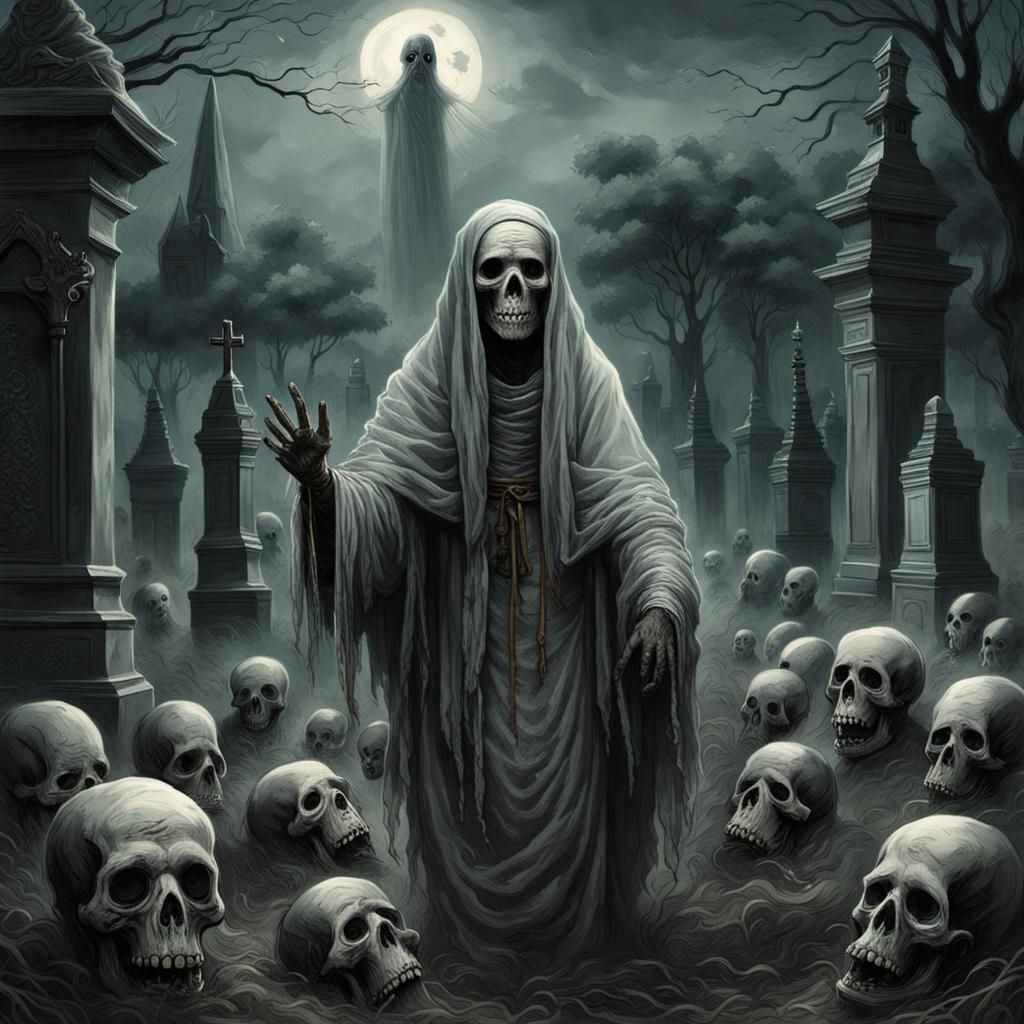 Eerie Skull-Faced Ghost in Cemetery, Horror Art