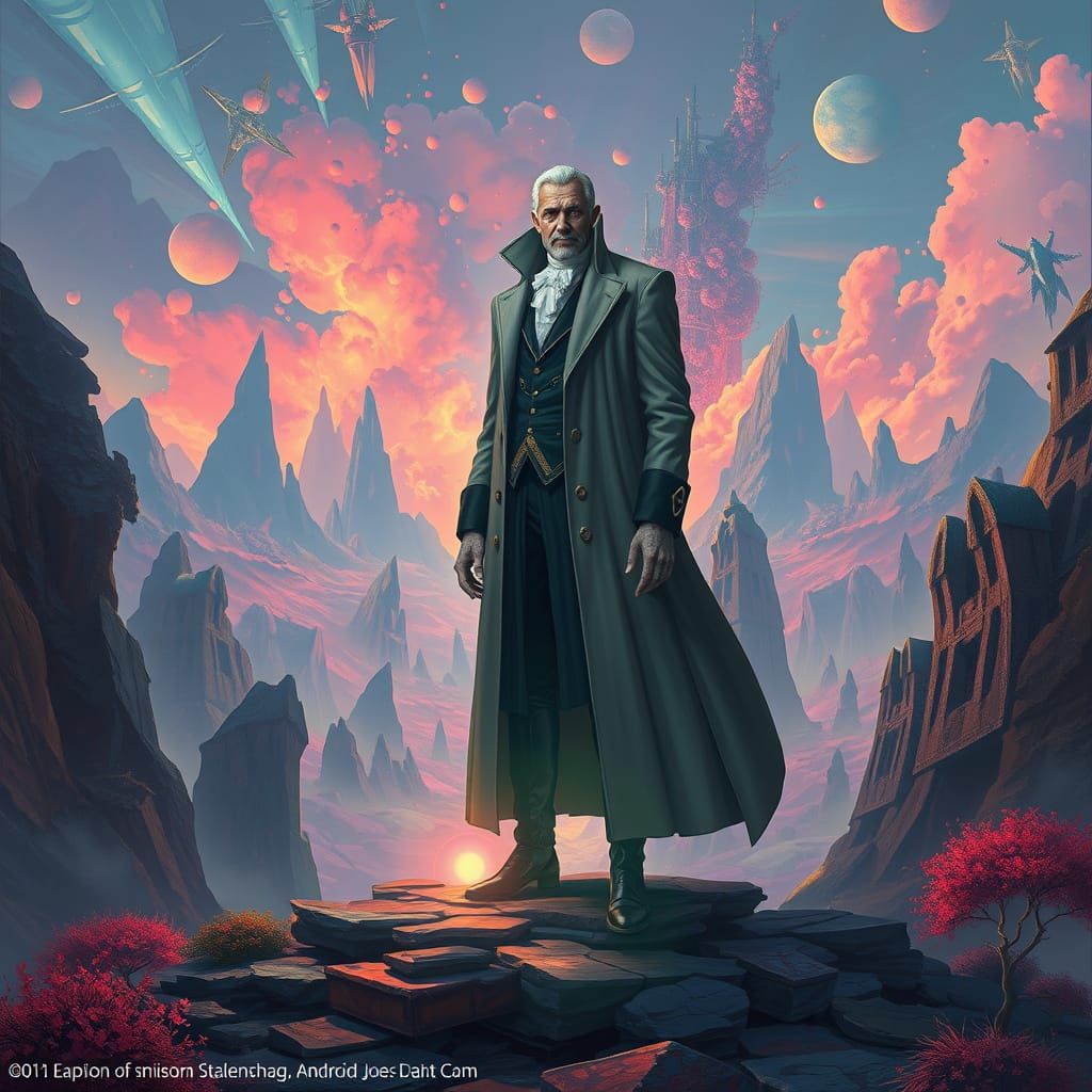 Dr. Xenon Bloom in Surreal Sci-Fi Landscape