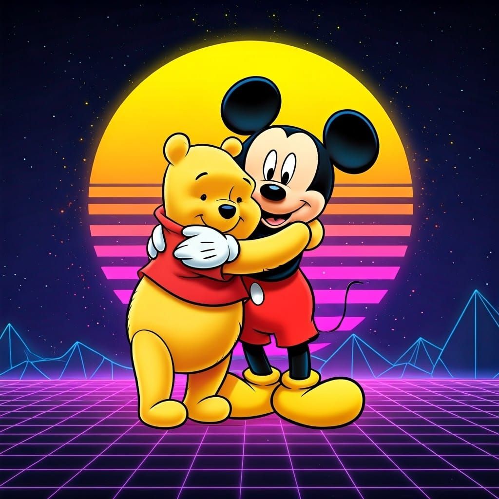 Winnie the Pooh and Mickey Mouse in Synthwave Style