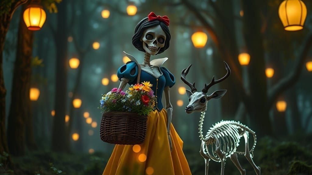 Skeletal Snow White in Enchanted Forest with Fawn