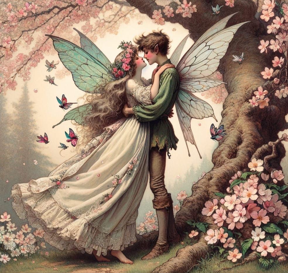 A fairy couple embraces under a cherry blossom tree