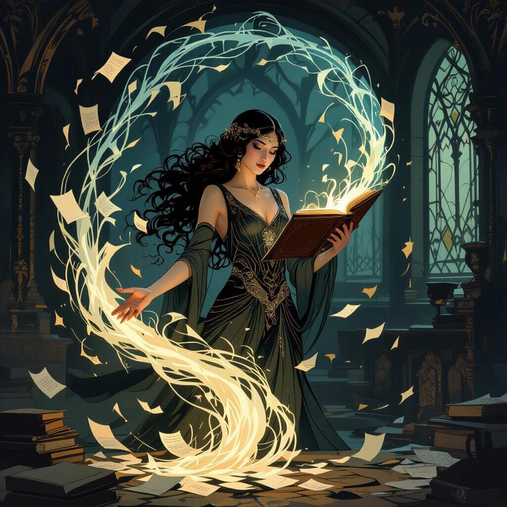 Art Nouveau Flapper Casting Spell from Tome