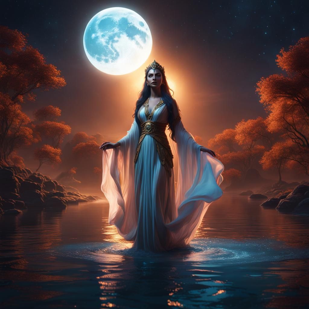 Ethereal Goddess Emerges Under Moonlight: Fantasy Art