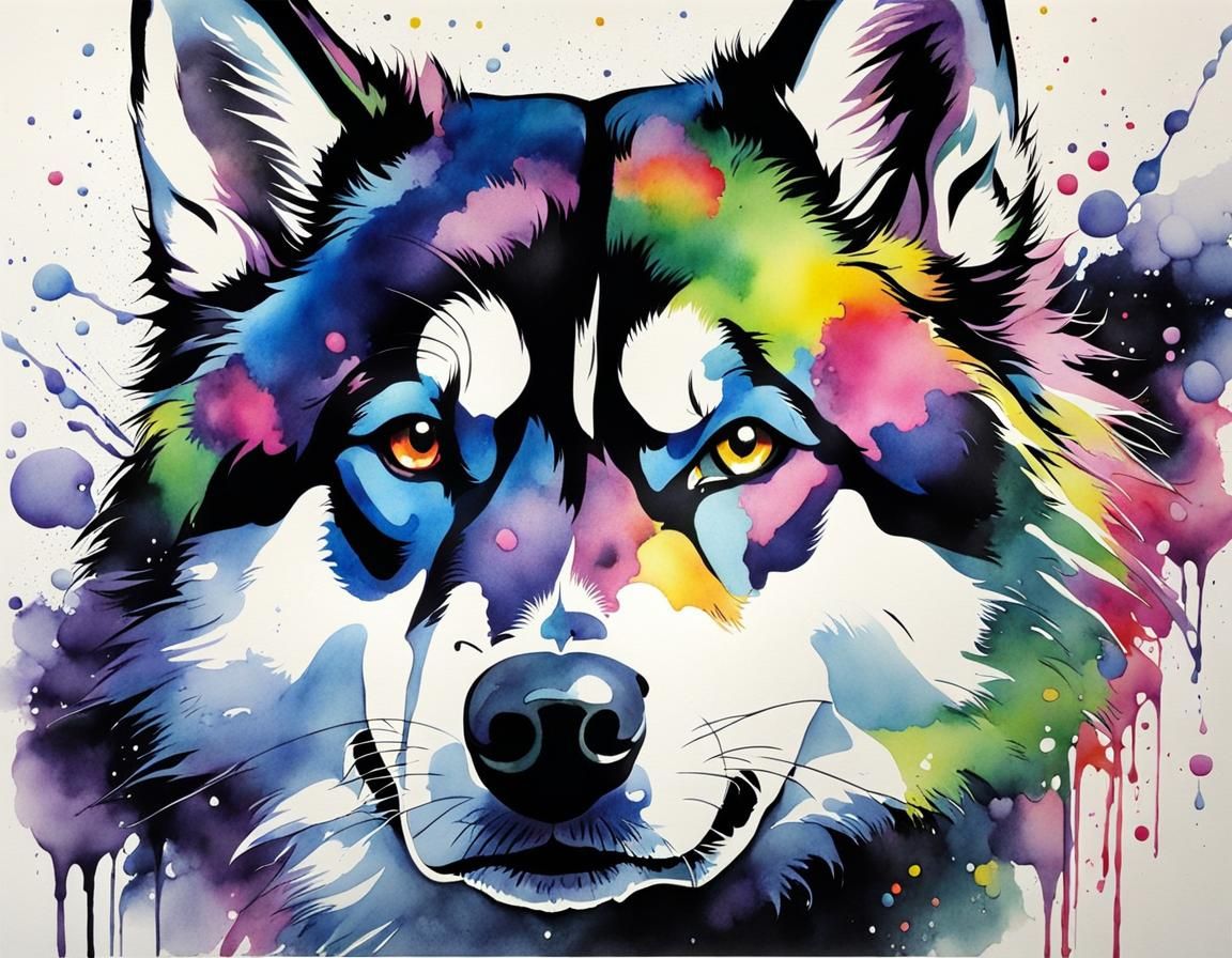 Husky in Watercolor, Wet Wash Astrocruise Art