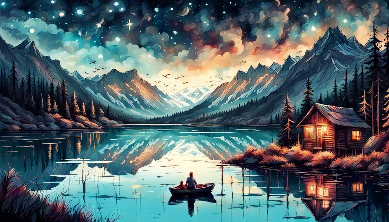 Magnificent Night Landscape with Star Reflections