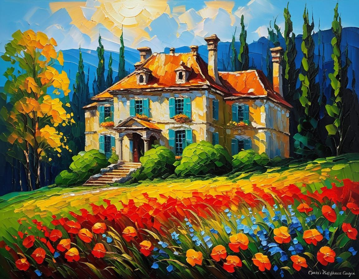 Decaying Manor in Neo-Impressionist Oil Painting