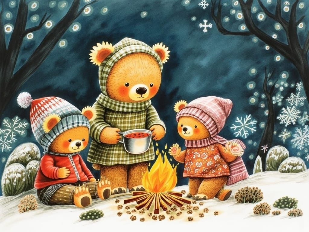 Cute Teddy Bears Gather by Winter Campfire