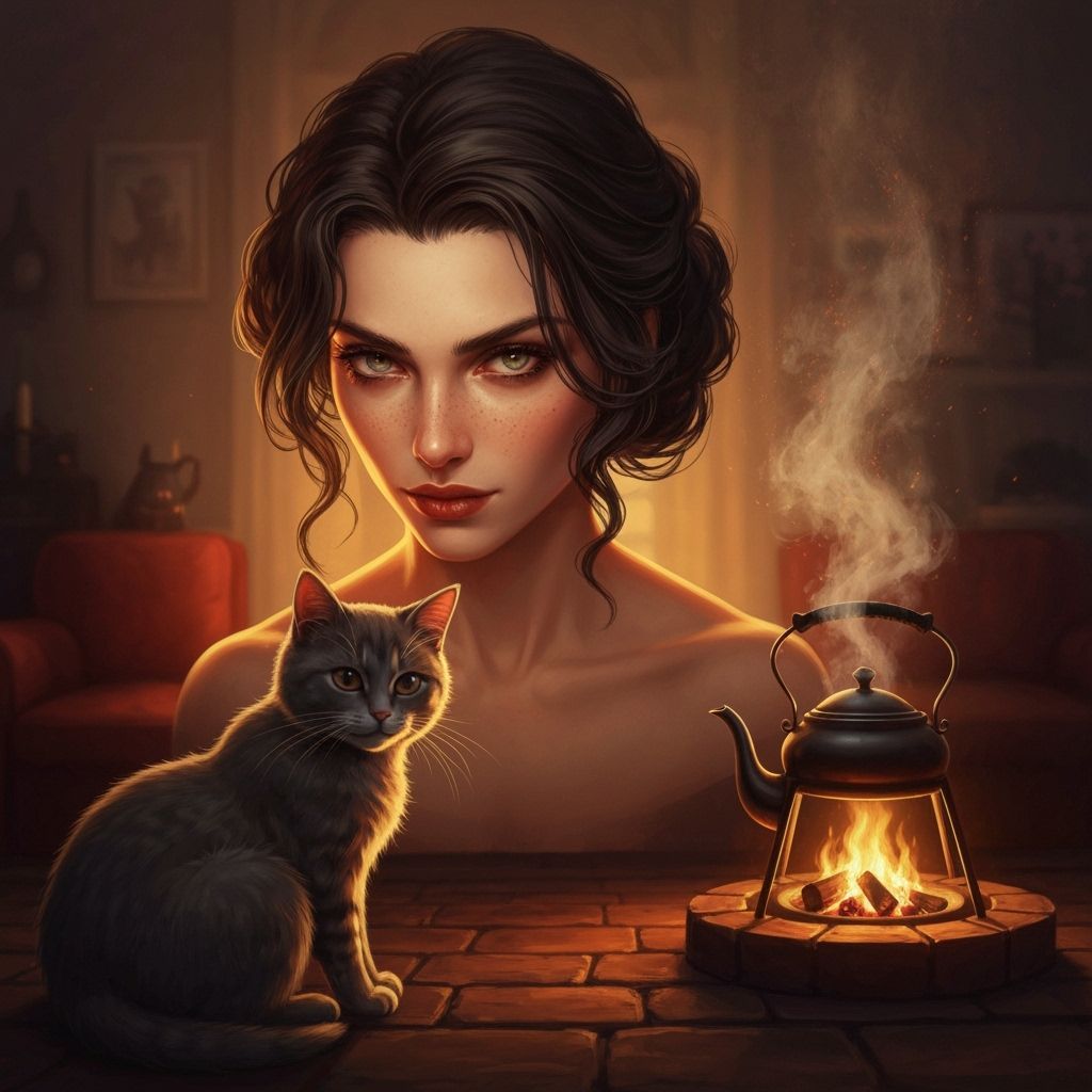 Cozy Cat by Fireplace with Boiling Teapot