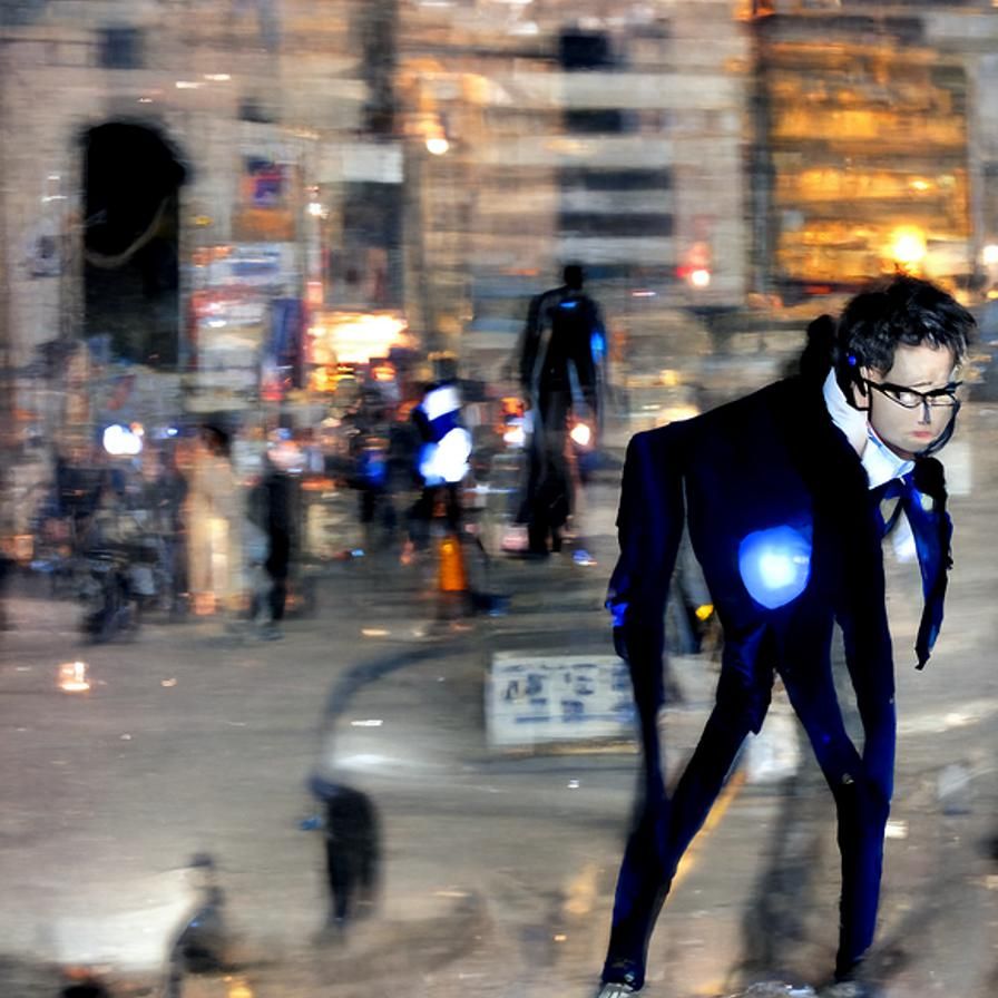 Person in Dark Suit in Busy City at Night