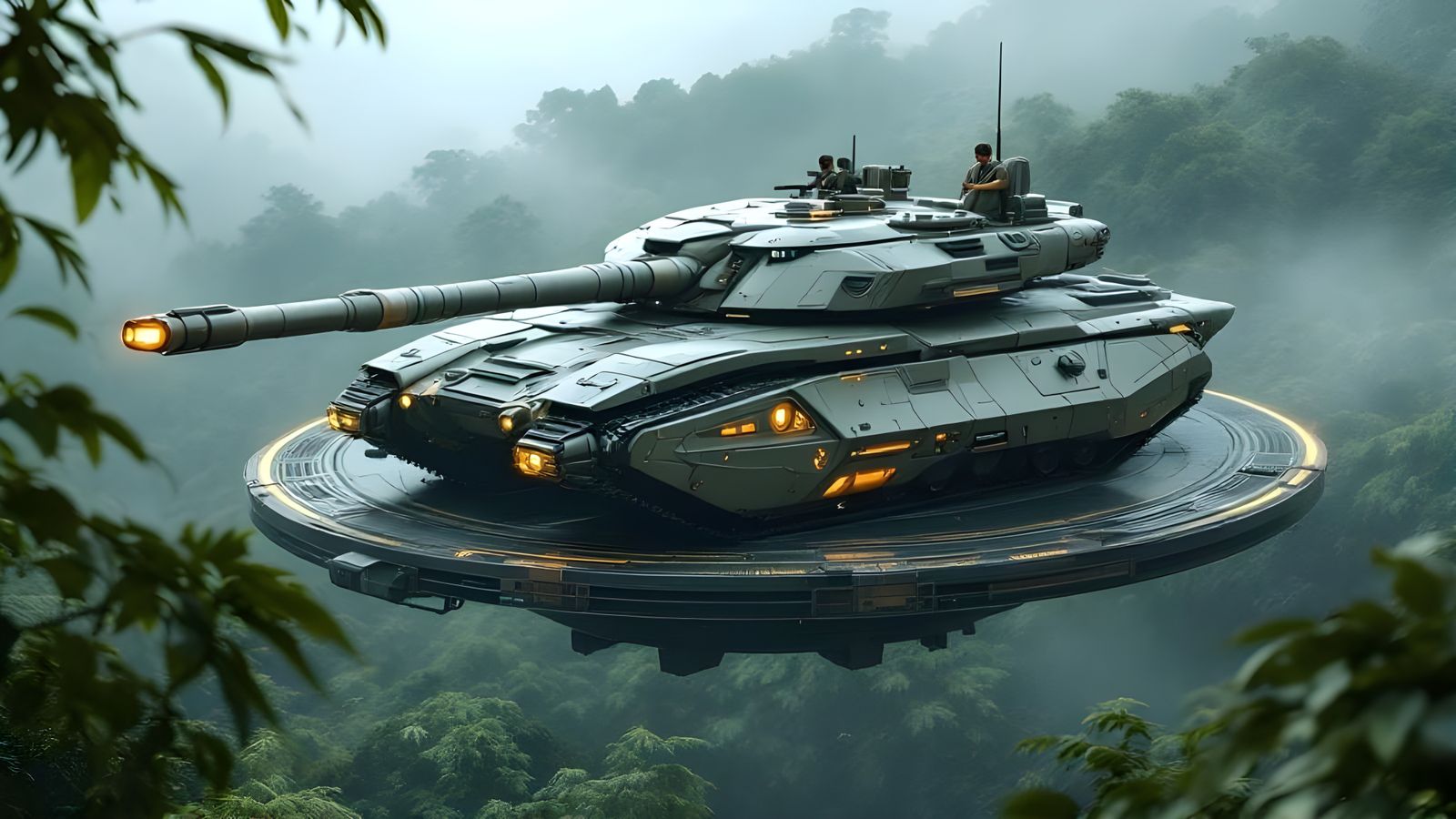 Futuristic Military Tank Gliding Over Jungle in 3D