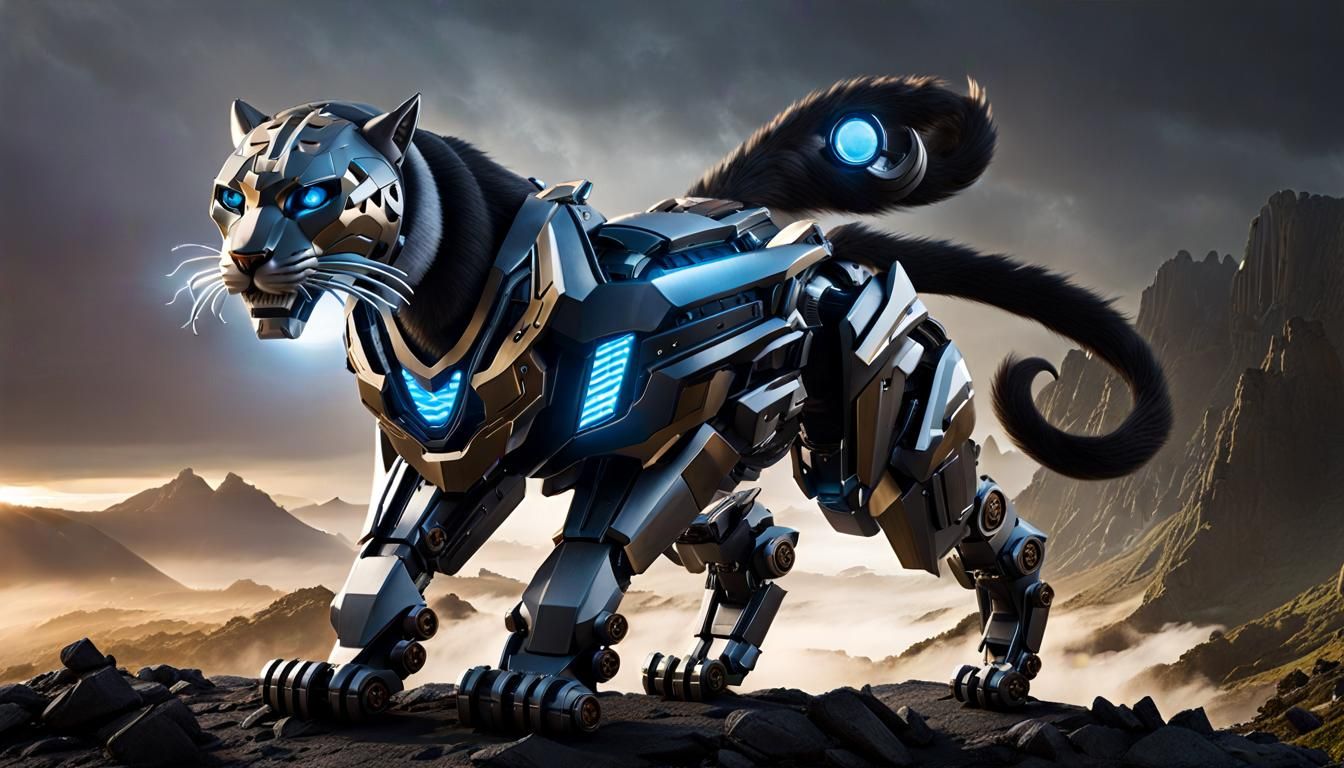 Cybernetic Panther Prowls Futuristic City at Night