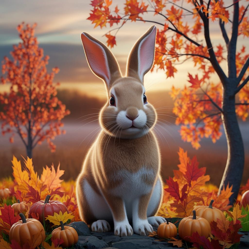 Autumn Sunset Rabbit in Abstract Mixed Media Style