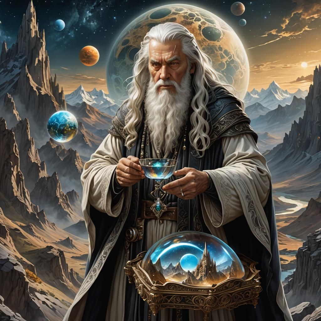 Old Wizard on Mountain in Surreal Fantasy Style