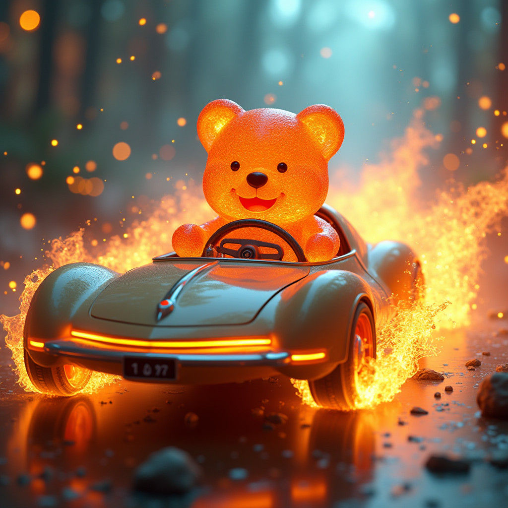 Gummy Bear Drives Flaming Car in Dreamscape