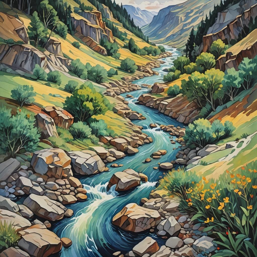 River of Sighs: Gouache and Watercolor Masterpiece