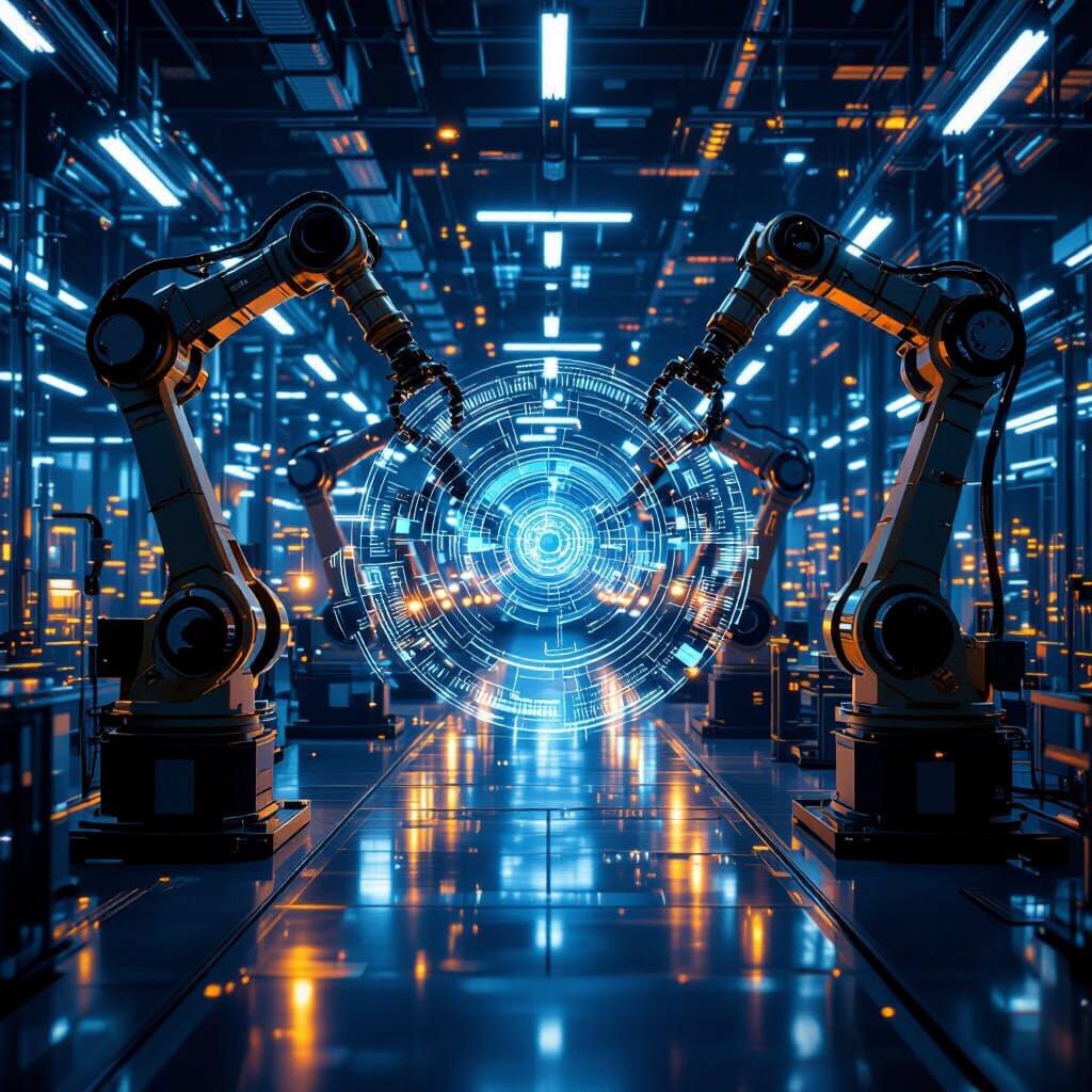 Robotic Arms in Blue Lit Factory with Holographic AI Analysi...