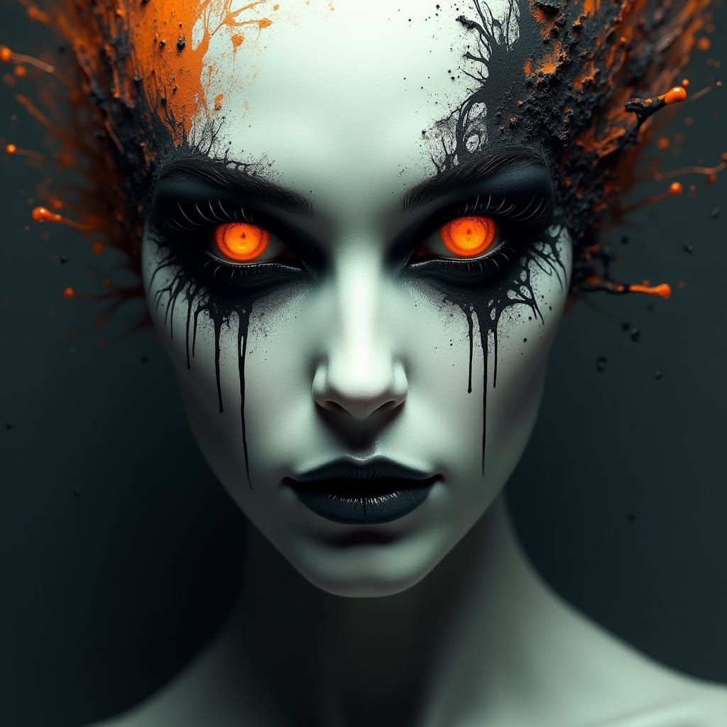 Eerie Woman Portrait with Glowing Eyes in Dark Fantasy Art