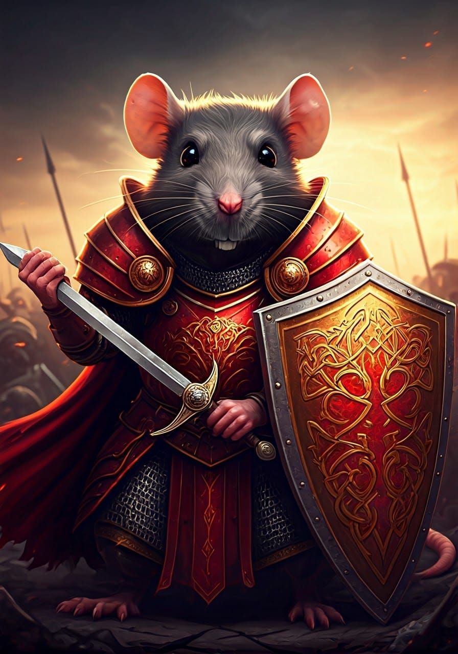 Fierce Red Knight Rat in High-Fantasy Armor