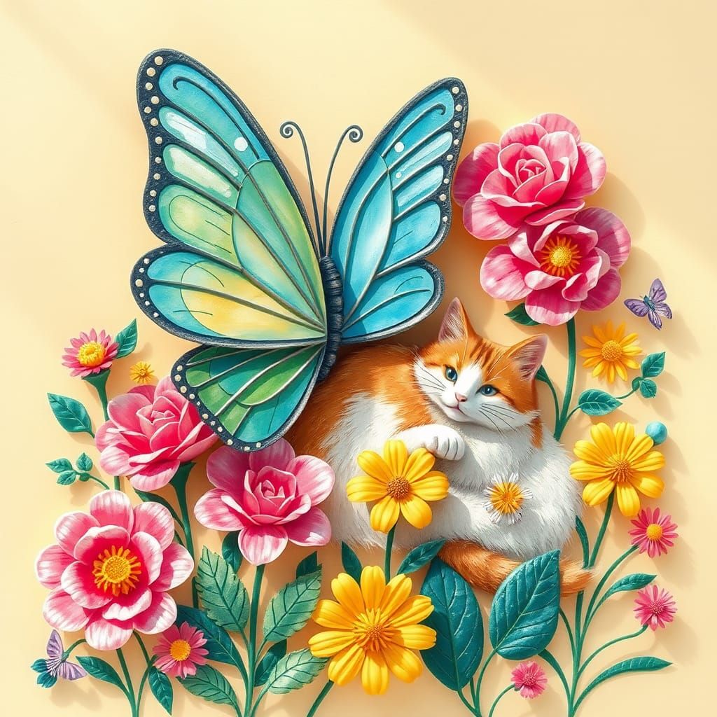 Whimsical Popup Butterfly and Flowers with Cat