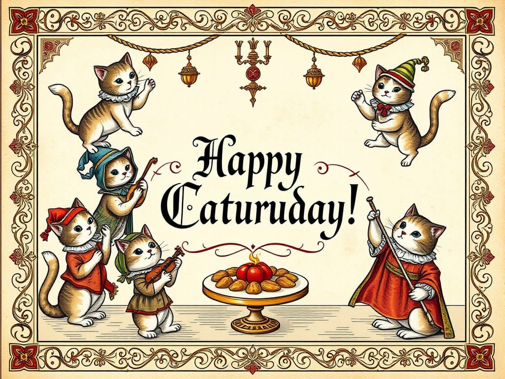 Joyful Lolcats Celebrate in Whimsical Medieval Manuscript