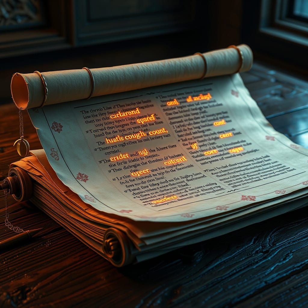 Ancient Scroll on Ornate Wooden Table in Deep Fantasy Colors