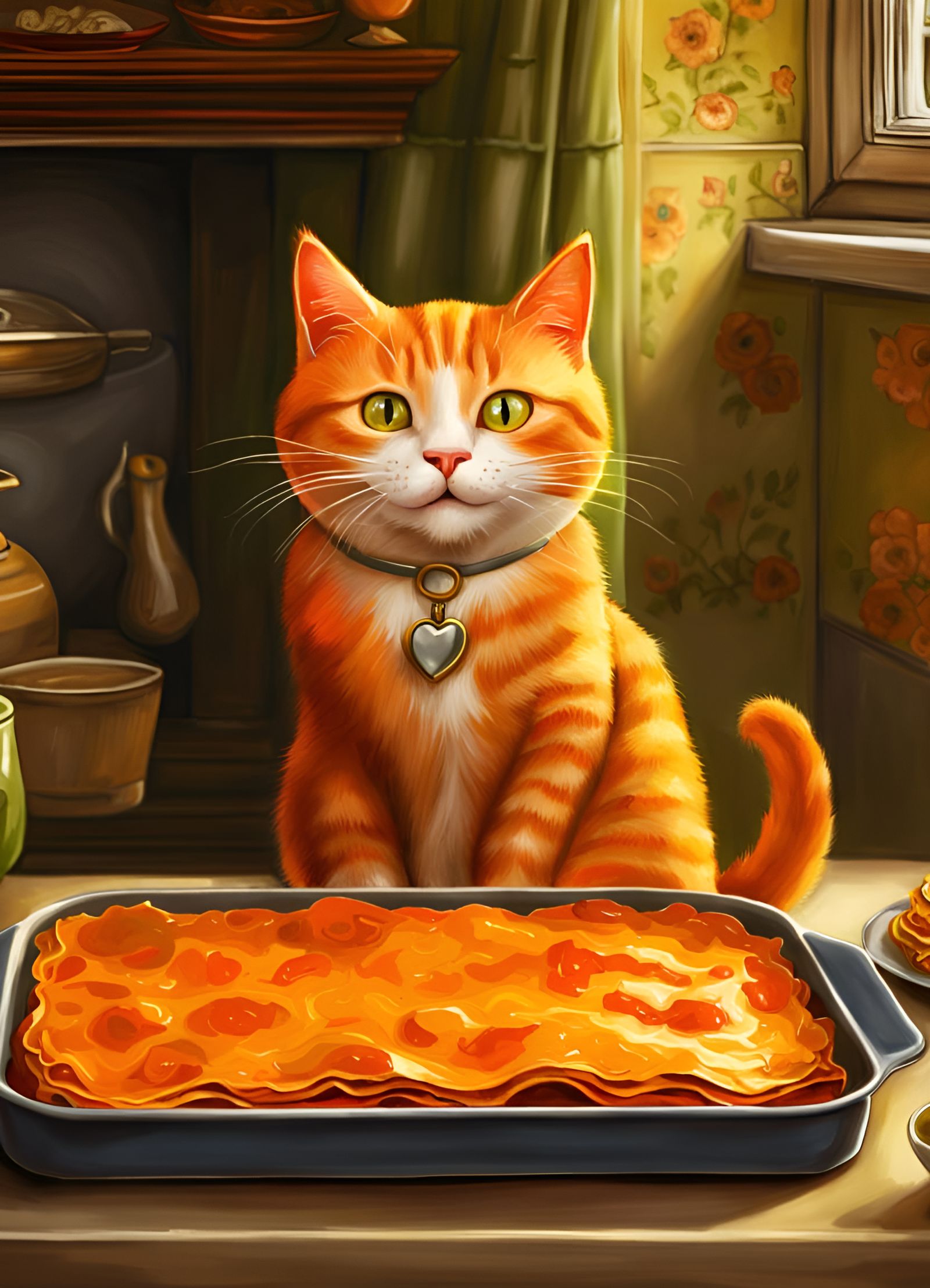 Happy Cat with Lasagna, Ink and Acrylic Painting