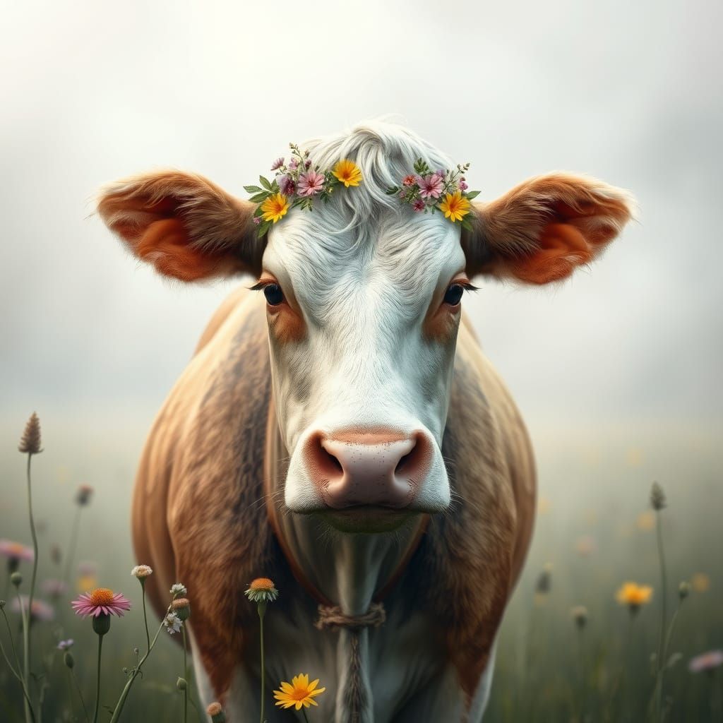 Ethereal Cow in Lush Meadow