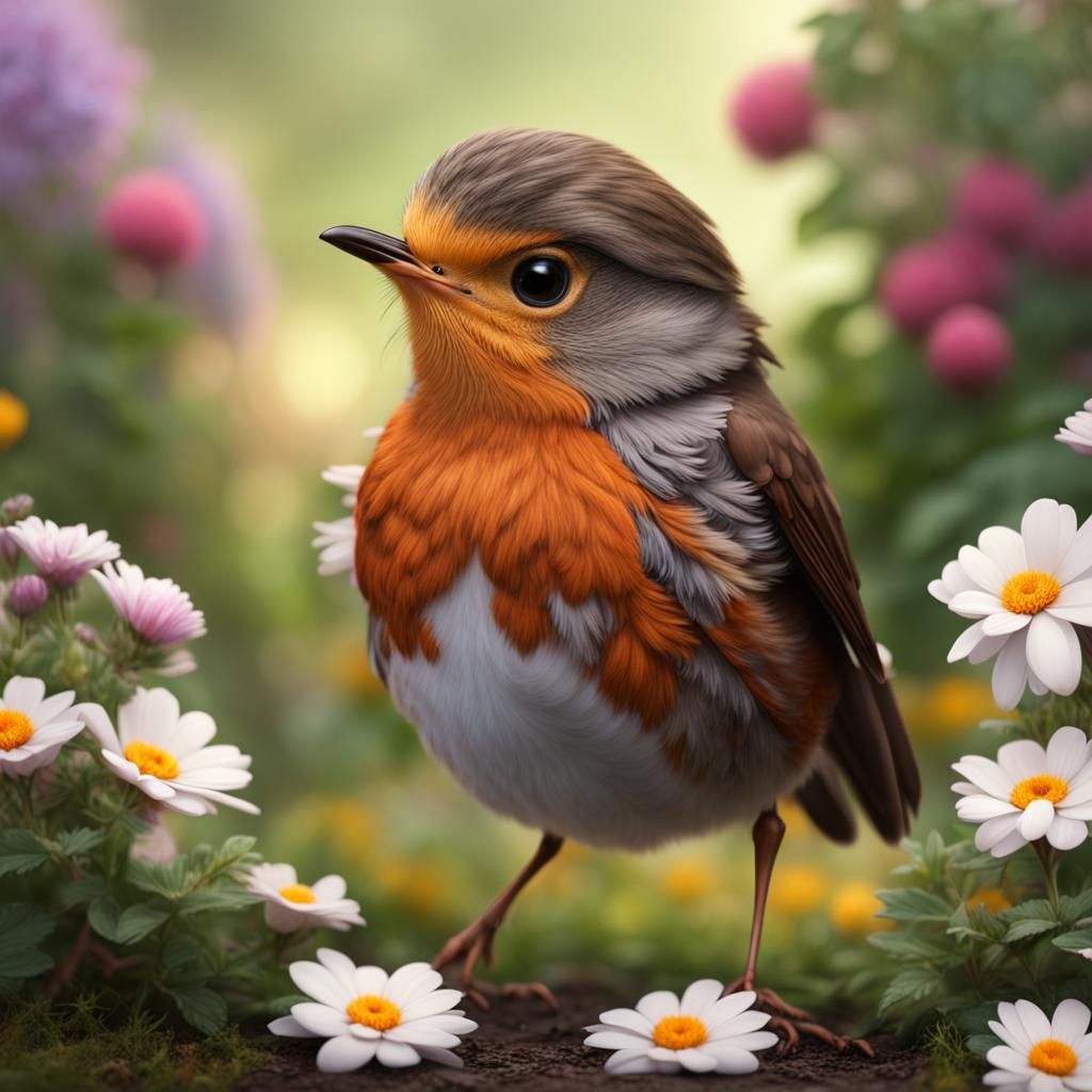 Baby Robin with Flower Crown in Garden