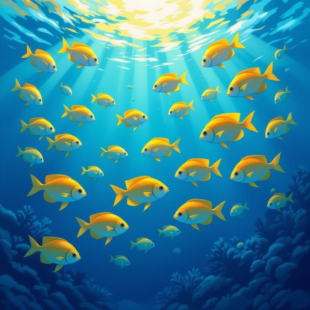 Yellow Fish School in Vibrant Blue Ocean, Matte Painting