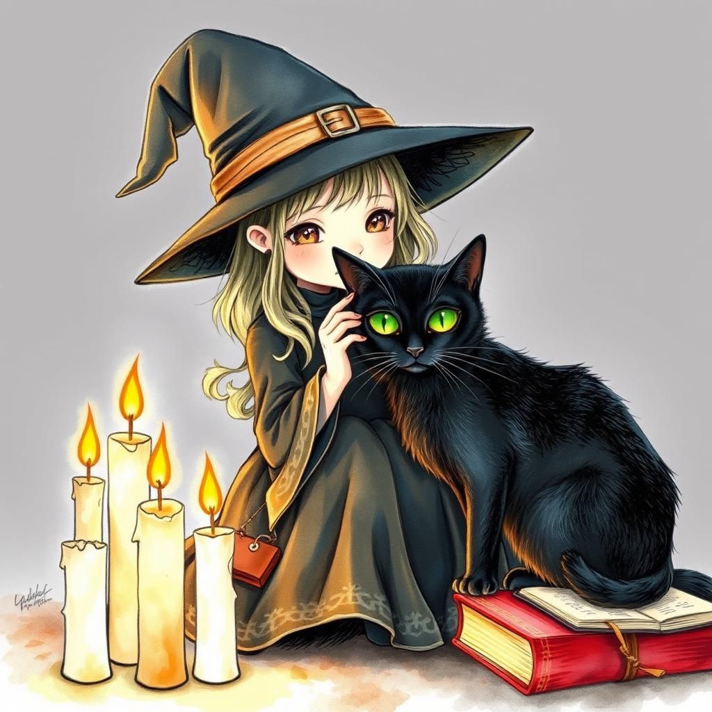 Black cat being petted by a little witch , colored pencil drawing