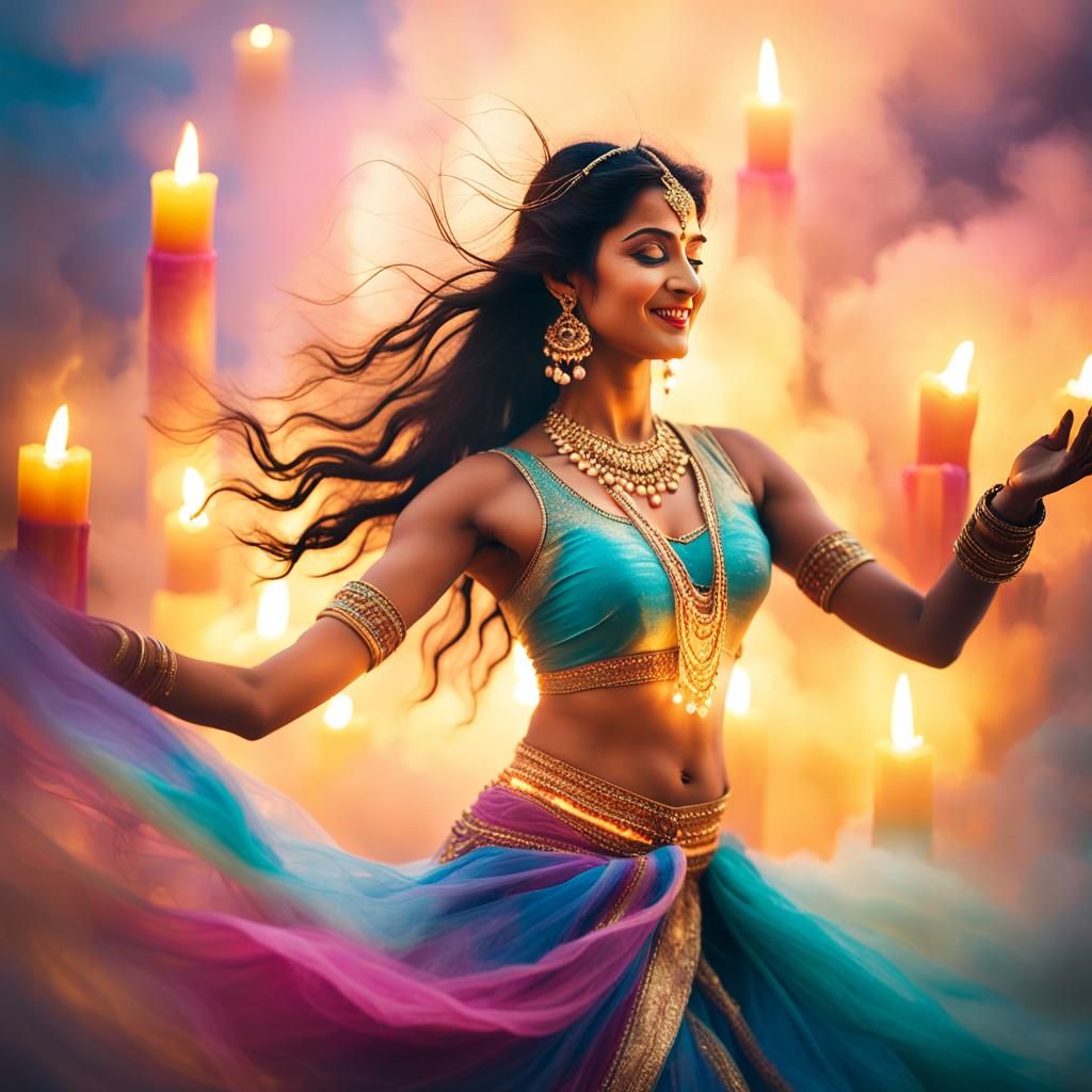 Lakshmi in Dreamy Belly Dance Attire, Surrounded by Ethereal...