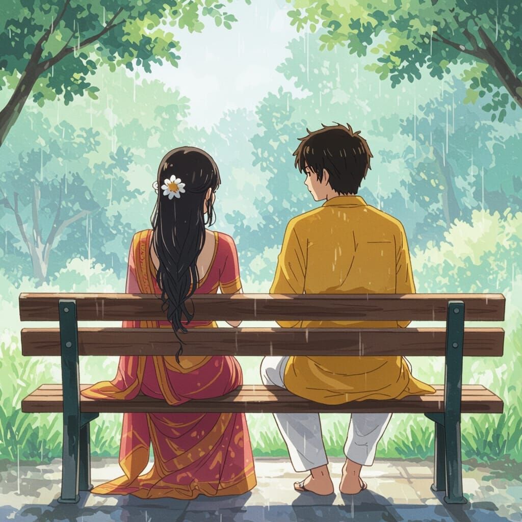 Anime Couple in Rainy Scene, Watercolor Style