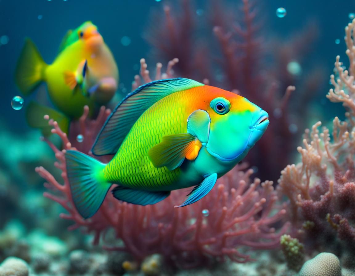 Hyperrealistic Parrotfish Portrait in Underwater Scene