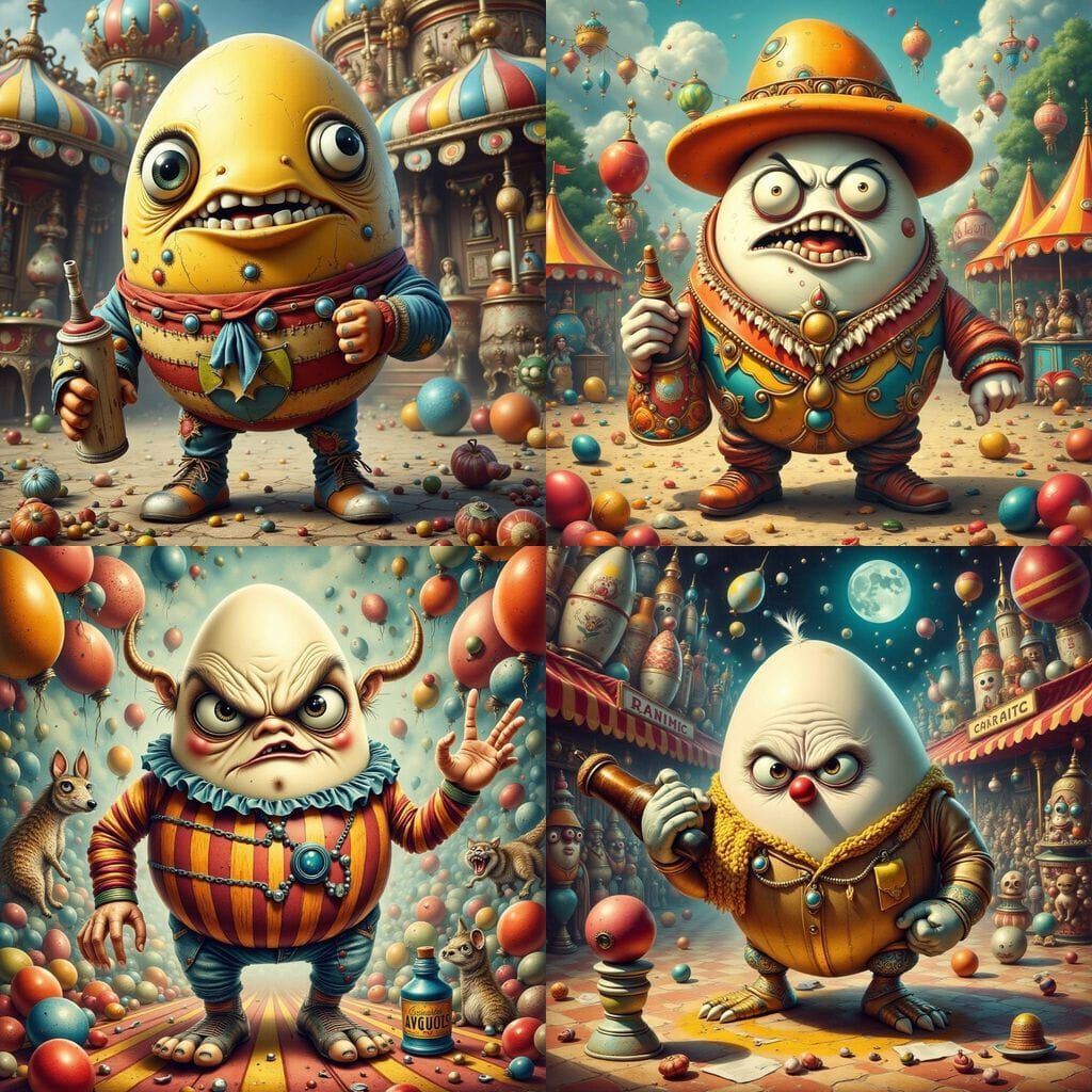 Surreal Carnival Scene with a Fierce Egg Character