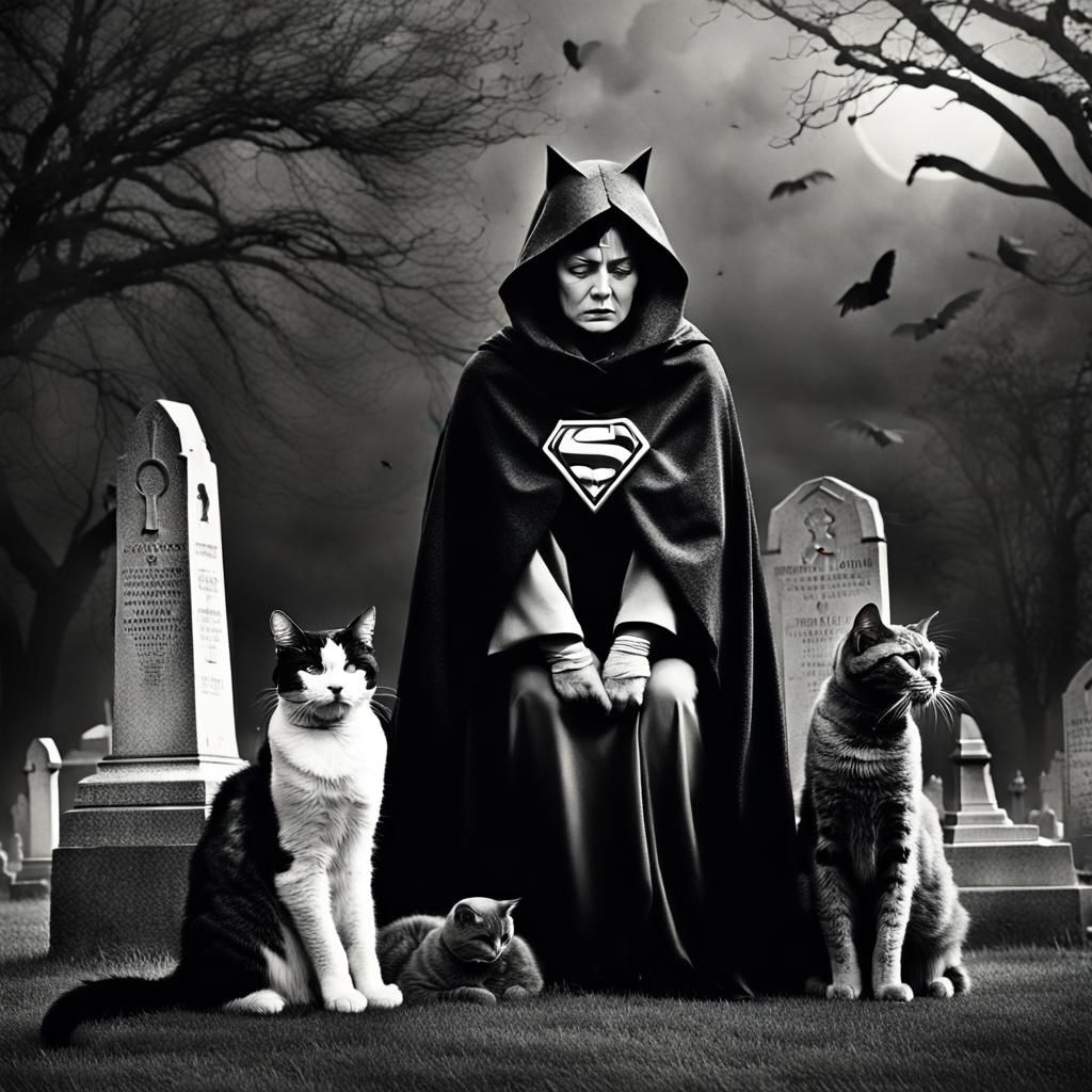Crying Woman with Superhero Cats in Cemetery