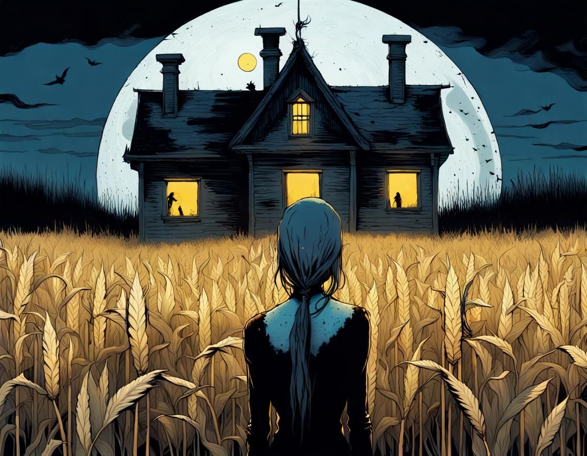 Eerie Eyes in Cornfield: Macabre Horror Art