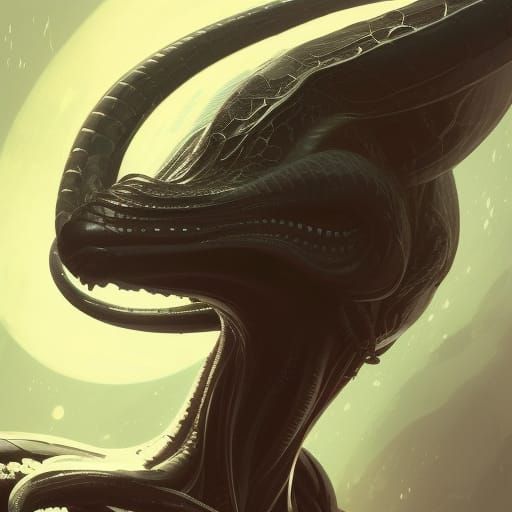 Detailed Alien Black Snake Portrait in Splash Art Style