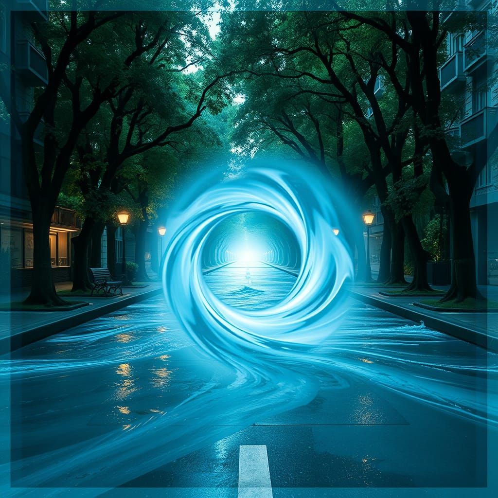 Swirling Blue Water Portal to Forest on City Street