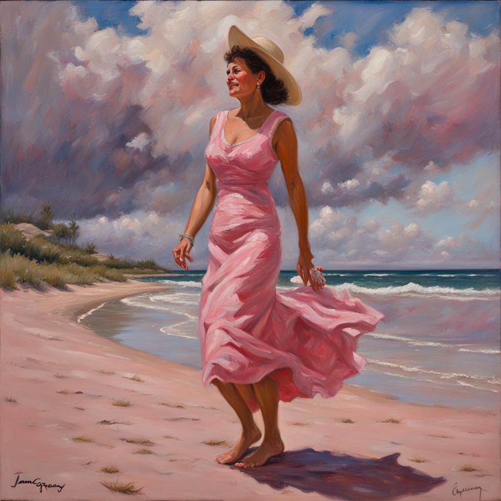 Woman in Pink Dress on Beach: Oil Painting