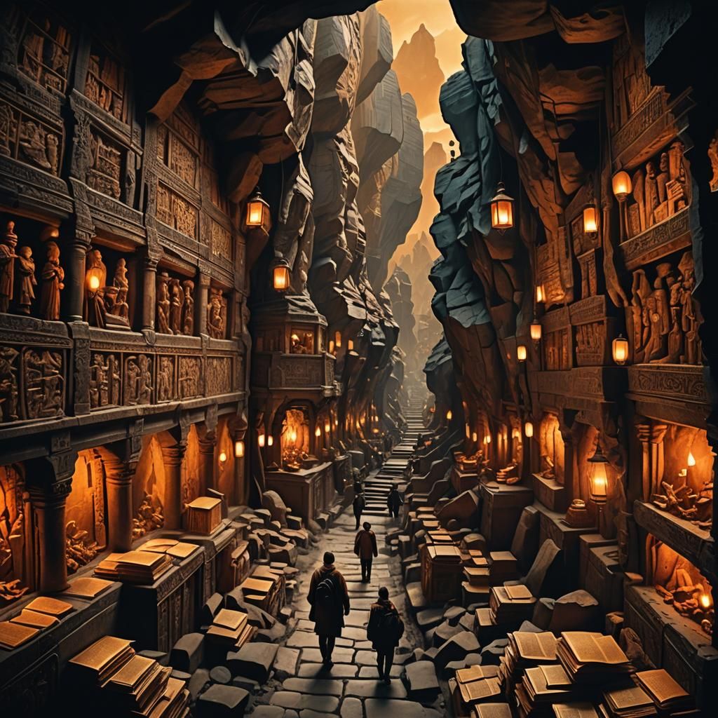 Underground Gallery with Ancient Books in Dramatic Lighting