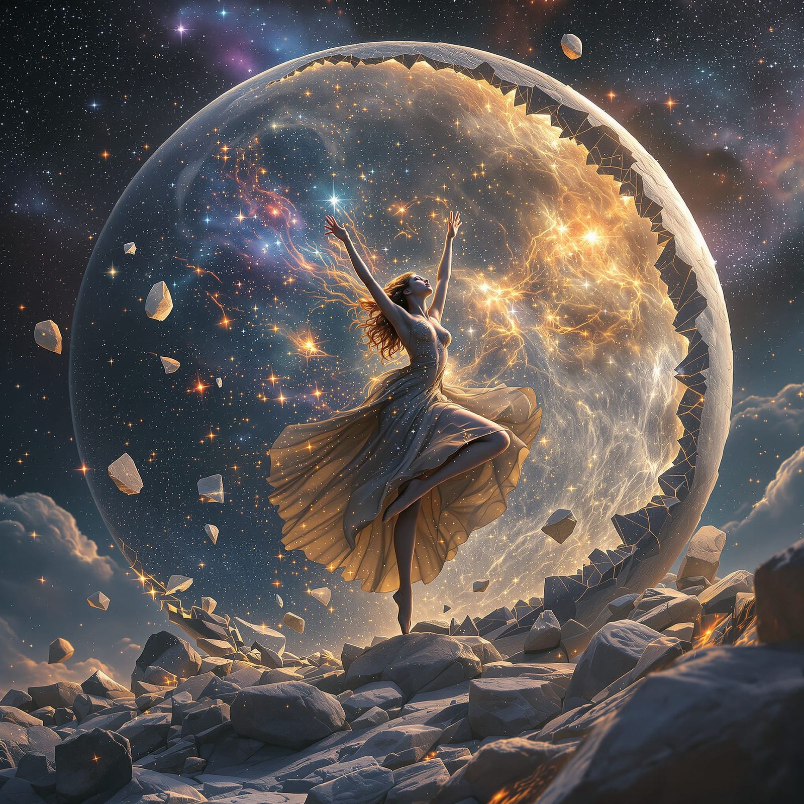 Celestial Dancer on Shattered Moon in Cosmic Surrealism