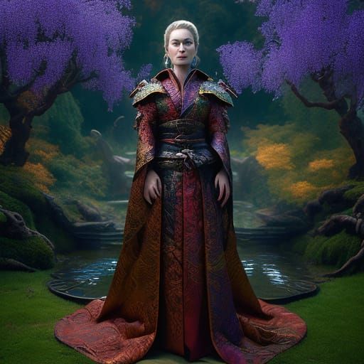 Shogun Samurai in Iridescent Armor Stands Bravely in the Gar...