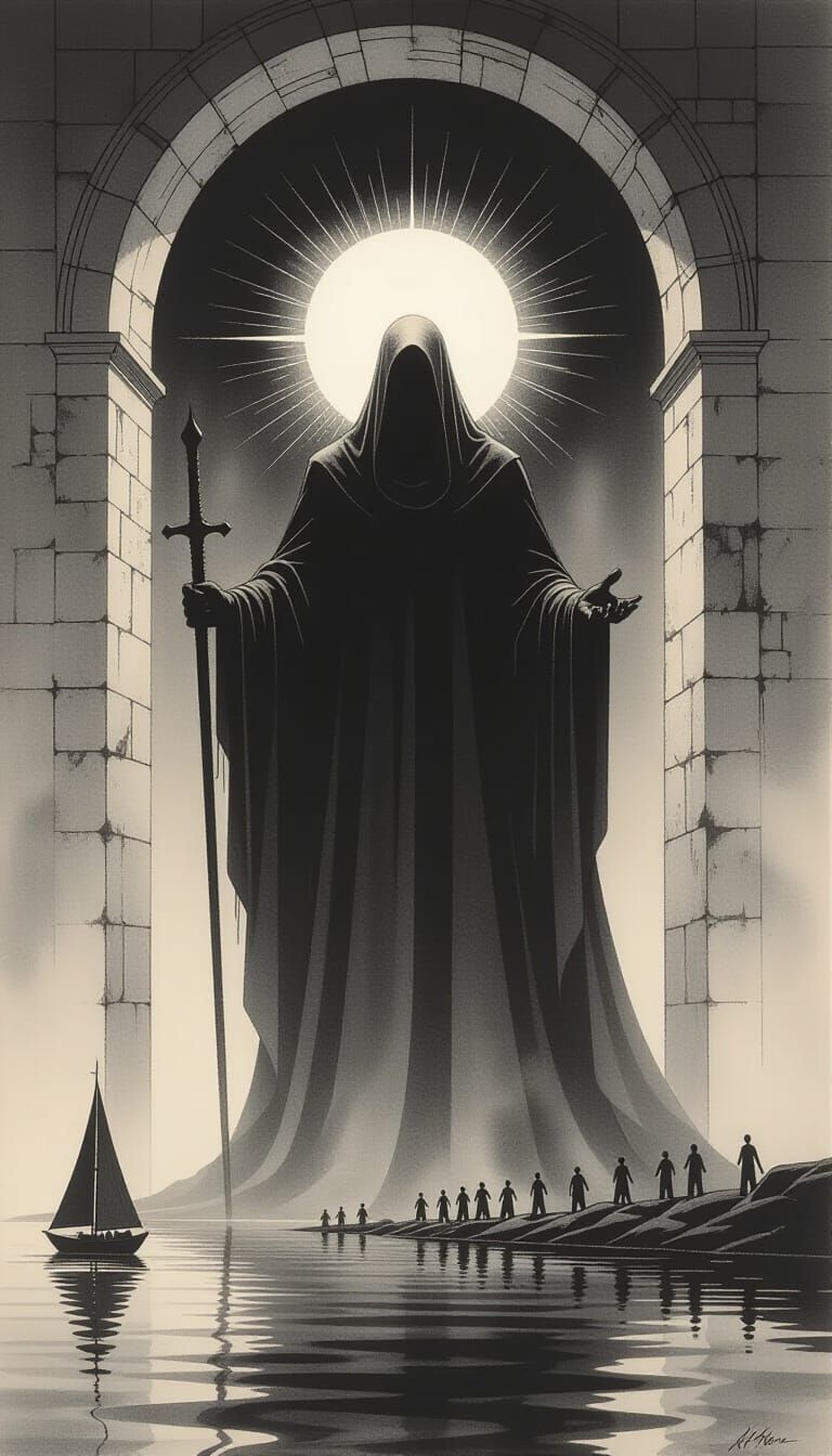 Colossal Robed Figure in Archway, Charcoal Drawing