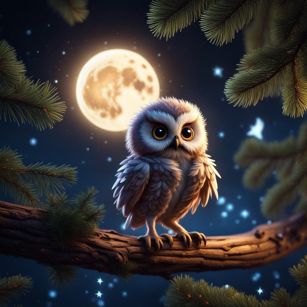 Cute Baby Owl Hopping in a Fantasy Night