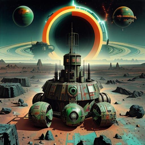 Dieselpunk Rocketship Crash Landing on Mars in Vibrant, Swir...