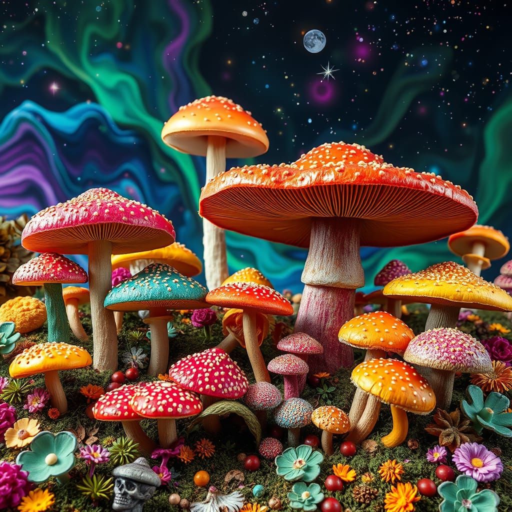 Vibrant Fungal Realm in Psychedelic Dreamland