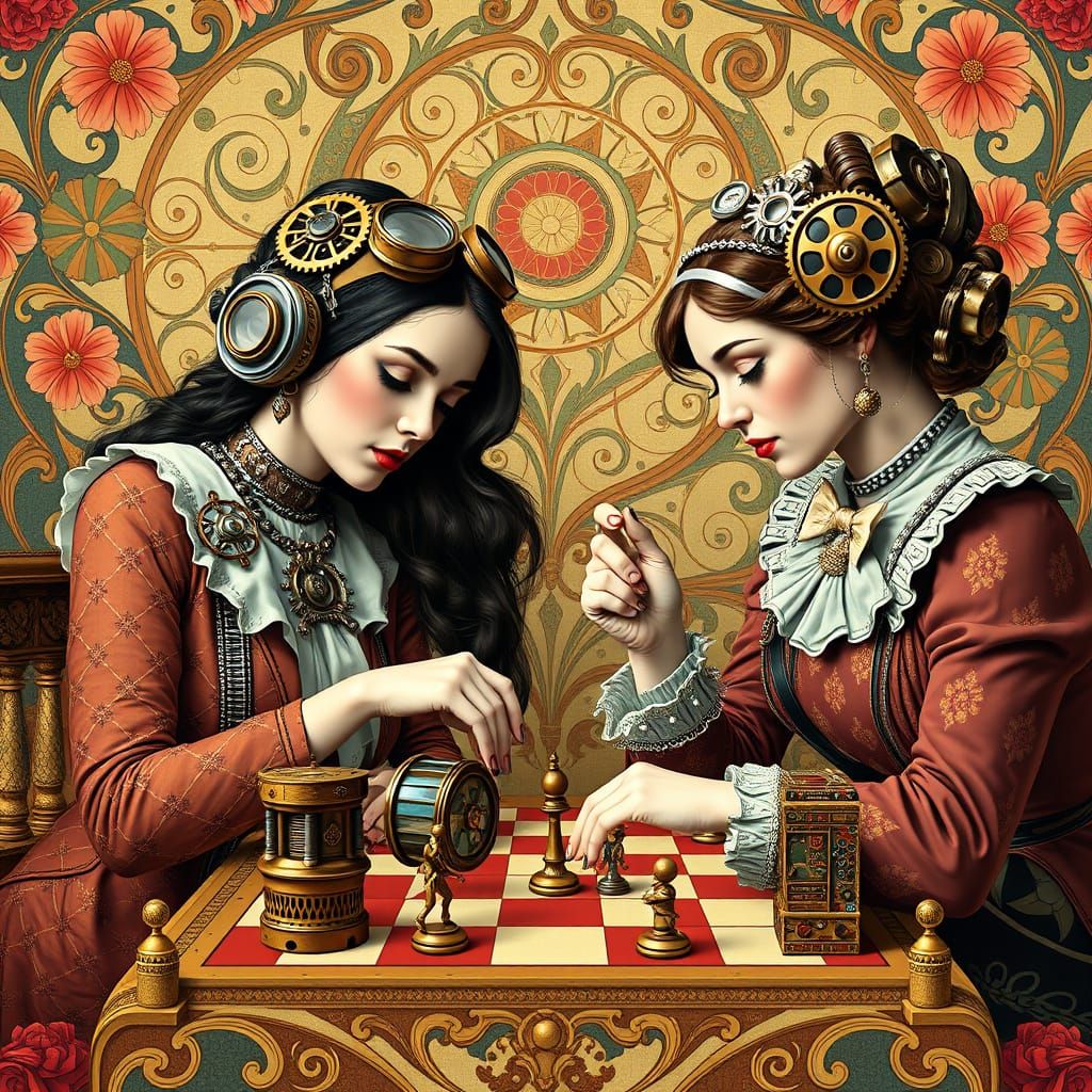 Steampunk Chess Match in Art Nouveau Style