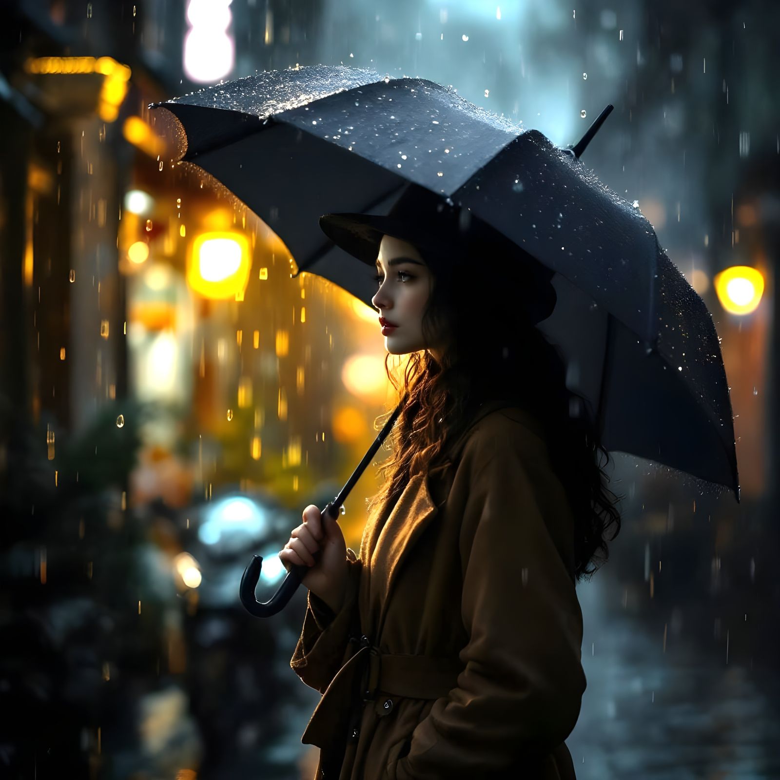 Solitary Woman in Rain with Umbrella
